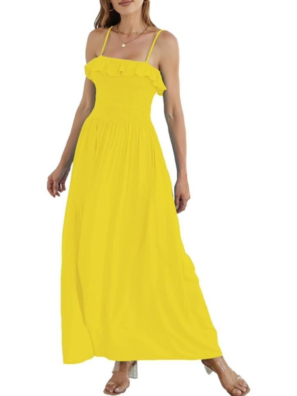 Women's Lemon Yellow Sleeveless Spaghetti Strap Smocked Beach  Boho Maxi Dress